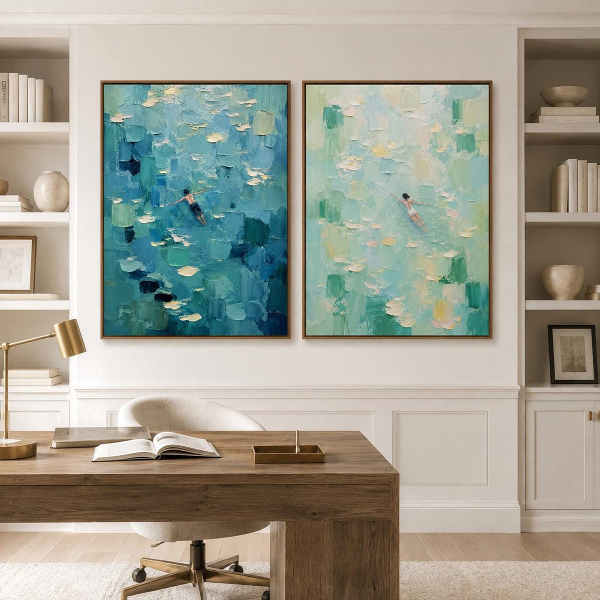May include: Two rectangular oil paintings featuring thick, textured impasto brushstrokes. The left painting displays a swimmer in deep blue water, while the right painting shows a swimmer in light turquoise water. Both pieces are framed in wood.