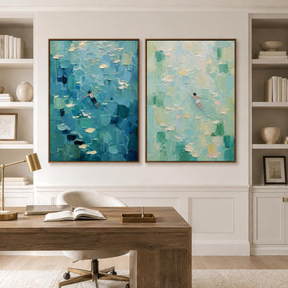 May include: Two rectangular oil paintings featuring thick, textured impasto brushstrokes. The left painting displays a swimmer in deep blue water, while the right painting shows a swimmer in light turquoise water. Both pieces are framed in wood.