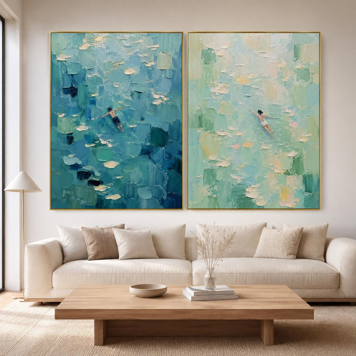 May include: A diptych wall art set featuring two rectangular oil paintings with thick impasto texture. The left canvas displays deep blue and teal water with a swimmer, while the right canvas shows light green and white water with a swimmer.