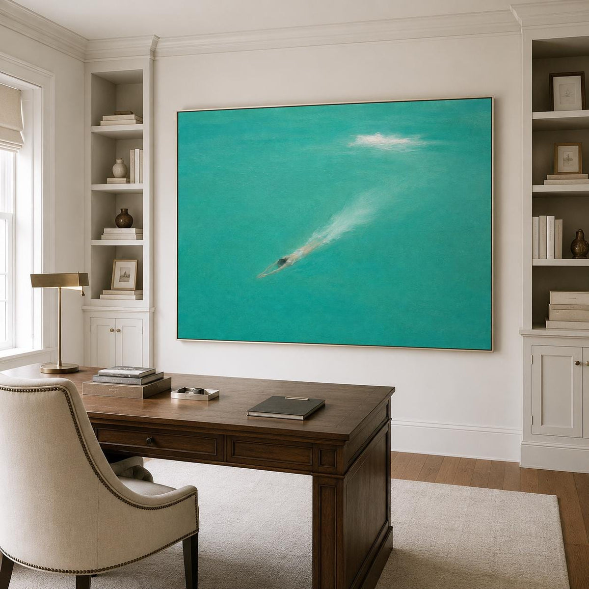 May include: A large rectangular wall art piece featuring a swimmer diving into vibrant turquoise water, creating a white splash trail. The painting is framed in a thin metallic border and is displayed on a wall above a wooden desk.