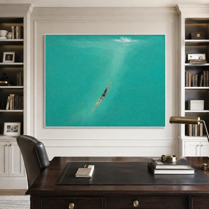 May include: A large rectangular wall art print featuring a swimmer in a dark swimsuit diving into vibrant turquoise water. The scene captures the figure submerged in the center, with a small white splash visible at the top of the frame.