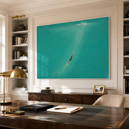 May include: A large rectangular wall art piece featuring a swimmer submerged in vibrant turquoise water. The painting depicts a single figure swimming downward in the center of the frame, surrounded by deep teal hues and a soft white light effect.
