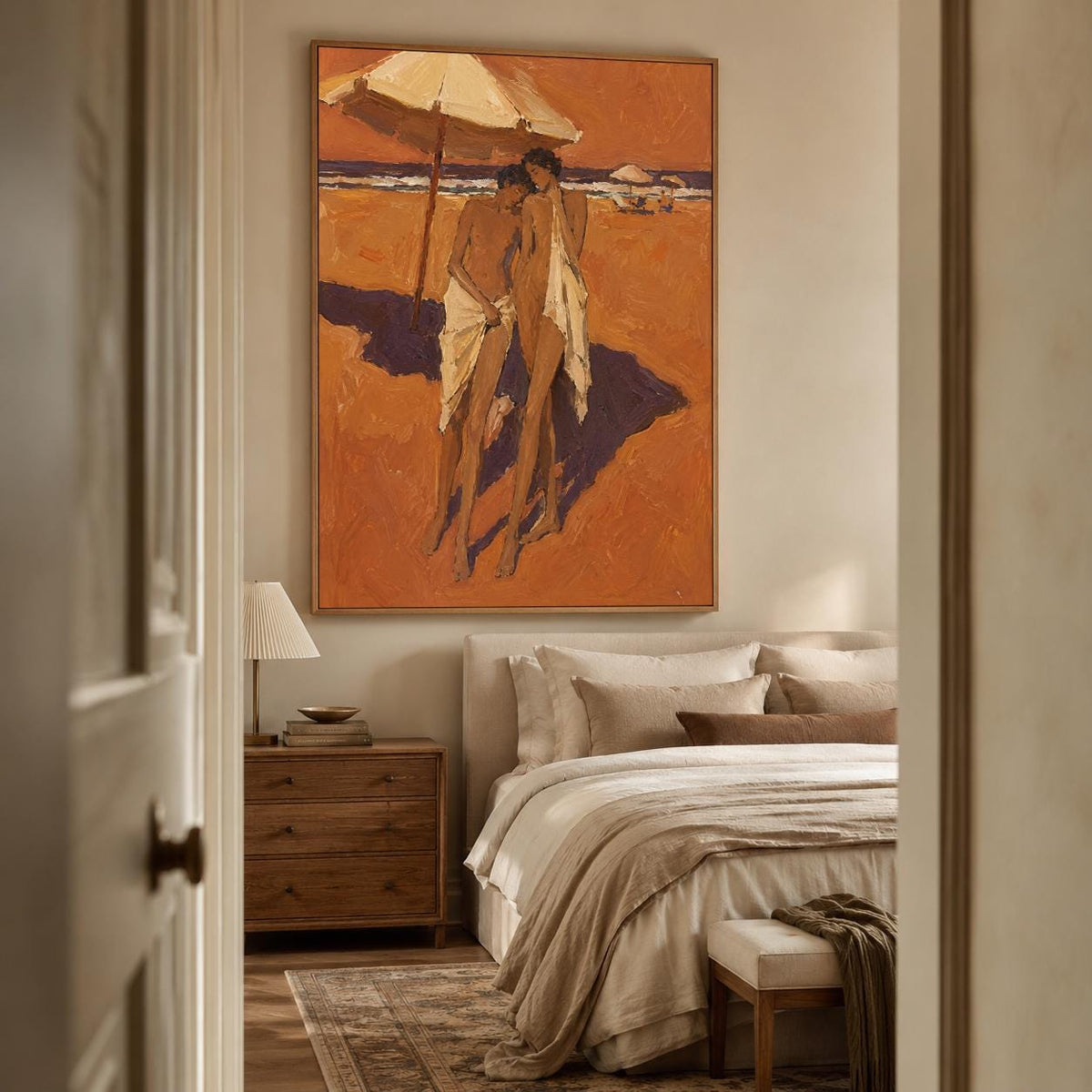 May include: A large rectangular wall art piece featuring an oil painting of two figures standing on a sandy beach under a large umbrella. The color palette is dominated by warm orange and brown tones, with deep purple shadows cast on the sand.