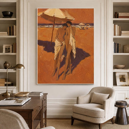 May include: A rectangular wall art print featuring an oil painting of two figures standing on a sandy beach under a large umbrella. The scene is rendered in shades of orange, brown, and deep purple, depicting the figures draped in white fabric.
