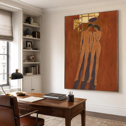 May include: A large rectangular wall painting featuring two stylized nude figures standing against a solid terracotta-colored background. The figures are rendered in light tan tones with dark purple shadows cast on the floor beneath them.