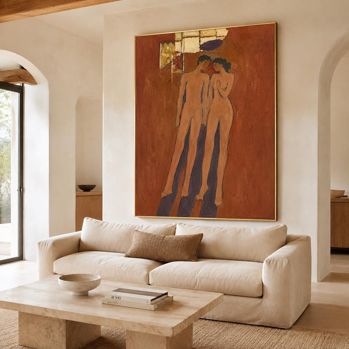 May include: A large rectangular wall painting featuring two stylized nude figures standing against a deep terracotta-colored background. The artwork includes gold leaf accents at the top and is framed in a thin gold border, depicting elongated human forms.