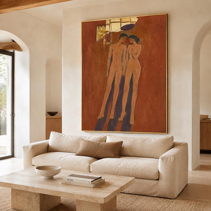 May include: A large rectangular wall painting featuring two stylized nude figures standing against a deep terracotta-colored background. The artwork includes gold leaf accents at the top and is framed in a thin gold border, depicting elongated human forms.