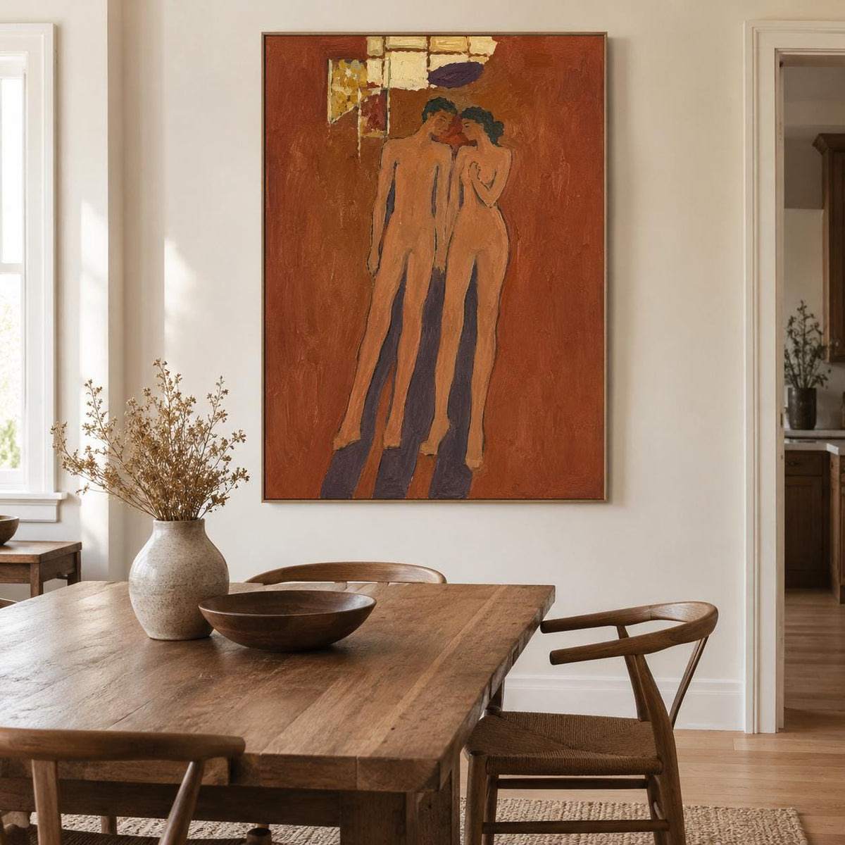 May include: A rectangular wall painting featuring two stylized figures standing against a textured terracotta-colored background, with gold leaf accents at the top and dark purple shadows cast on the floor beneath the figures' feet.