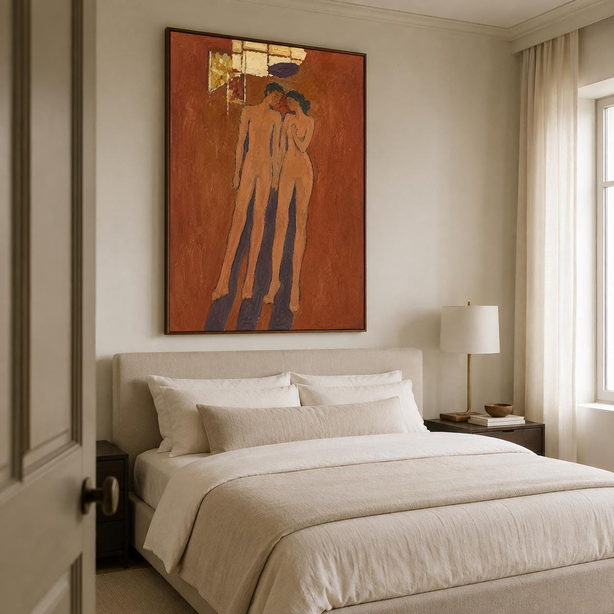 May include: A large rectangular wall painting featuring two stylized nude figures standing against a textured terracotta-colored background. The figures are rendered in light skin tones with dark outlines, accompanied by gold leaf accents at the top.