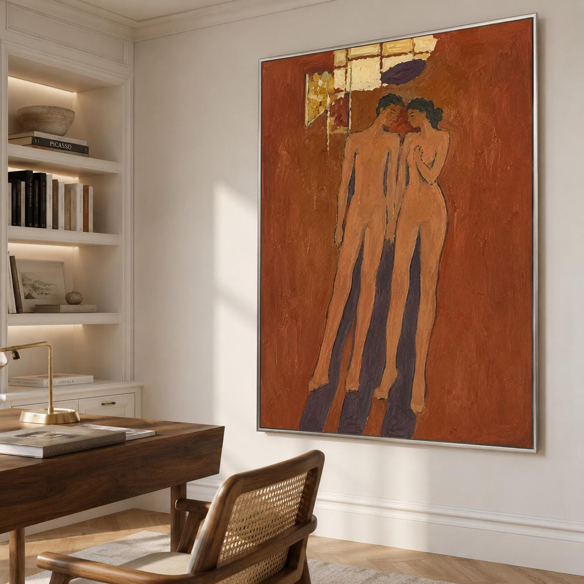 May include: A large rectangular wall art piece featuring a textured, burnt orange background with two stylized, nude figures standing side-by-side. The figures are rendered in light beige tones with dark purple shadows cast beneath them on the floor.