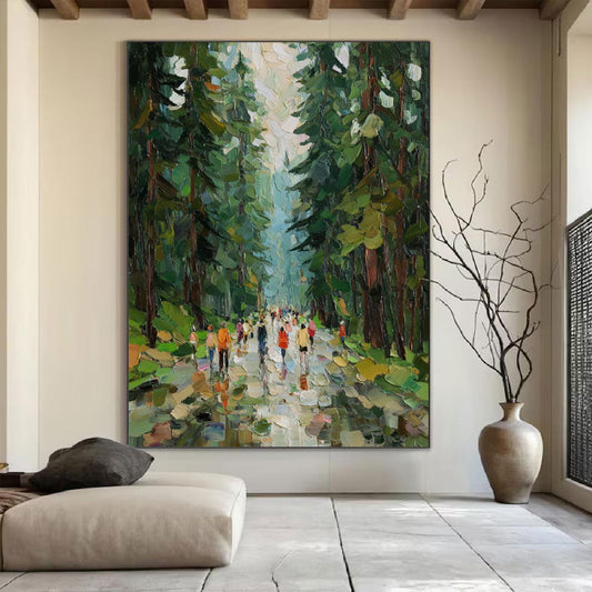May include: Large oil painting depicting a forest path lined with tall green trees. A group of people in colorful clothing are walking down the path. The artwork has a textured, impressionistic style, with visible brushstrokes and a palette of greens, blues, and earth tones.