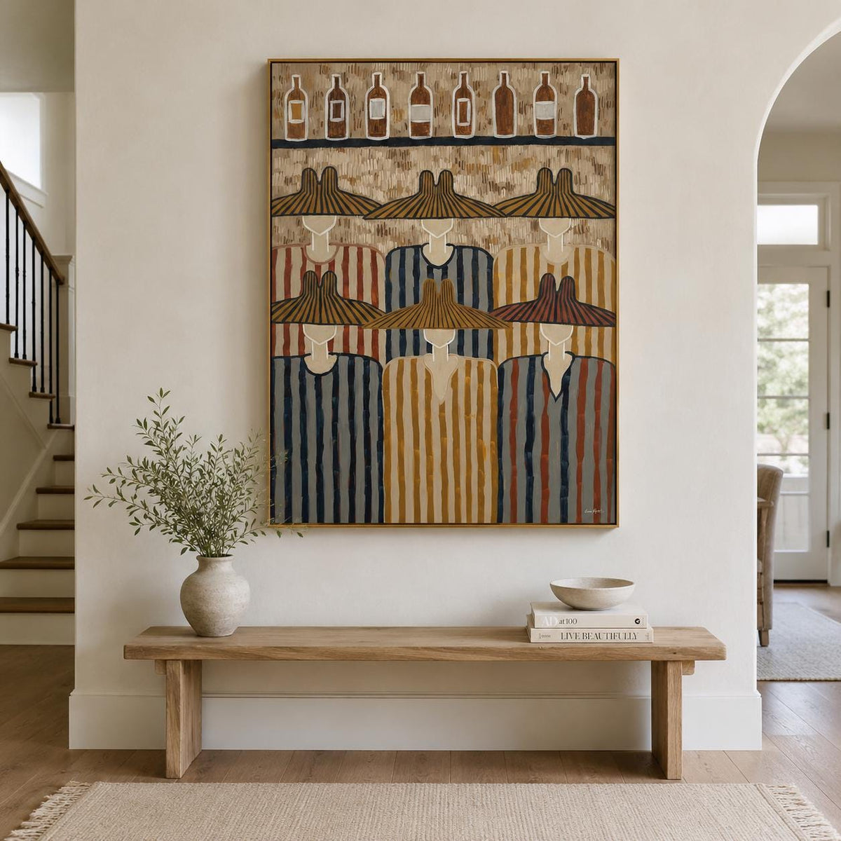 May include: A rectangular framed wall art piece featuring a stylized illustration of six figures wearing wide-brimmed hats and striped shirts, arranged in two rows. Above the figures, eight bottle shapes are lined up on a dark horizontal shelf.