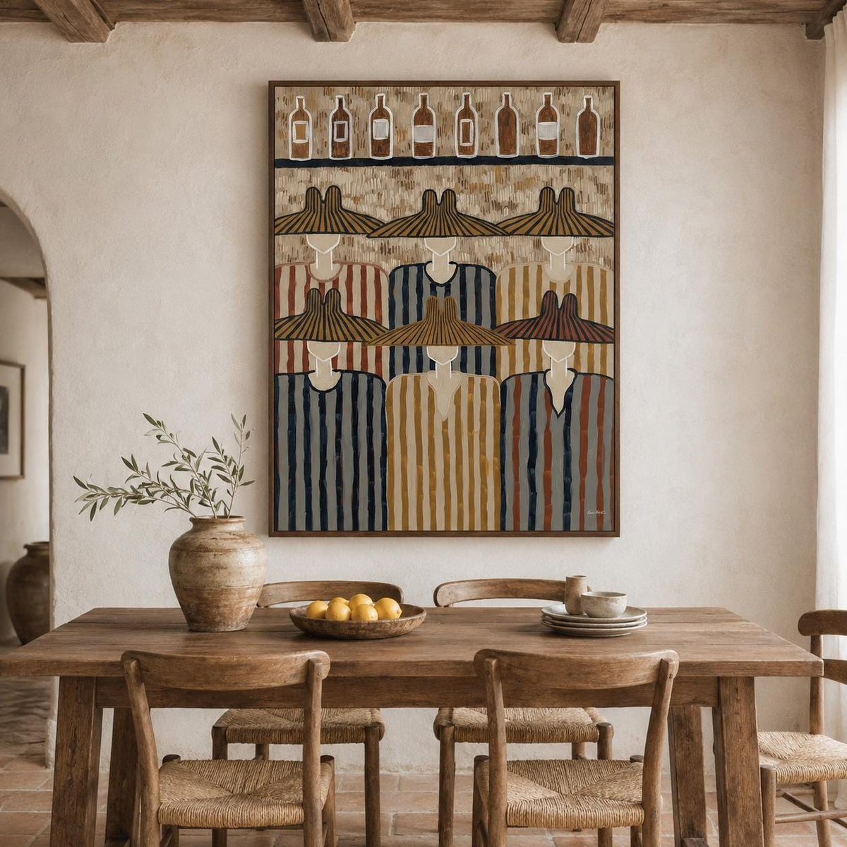 May include: A rectangular wall art print featuring a stylized illustration of six figures wearing wide-brimmed hats and striped shirts, arranged in two rows. Above the figures, a shelf displays eight brown glass bottles in a row.