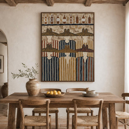 May include: A rectangular wall art print featuring a stylized illustration of six figures wearing wide-brimmed hats and striped shirts, arranged in two rows. Above the figures, a shelf displays eight brown glass bottles in a row.