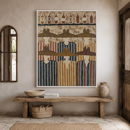 May include: A rectangular wall art print featuring a stylized illustration of six figures wearing wide-brimmed hats and striped tunics. Above the figures, a row of eight bottle-shaped icons is arranged on a shelf against a textured tan background.