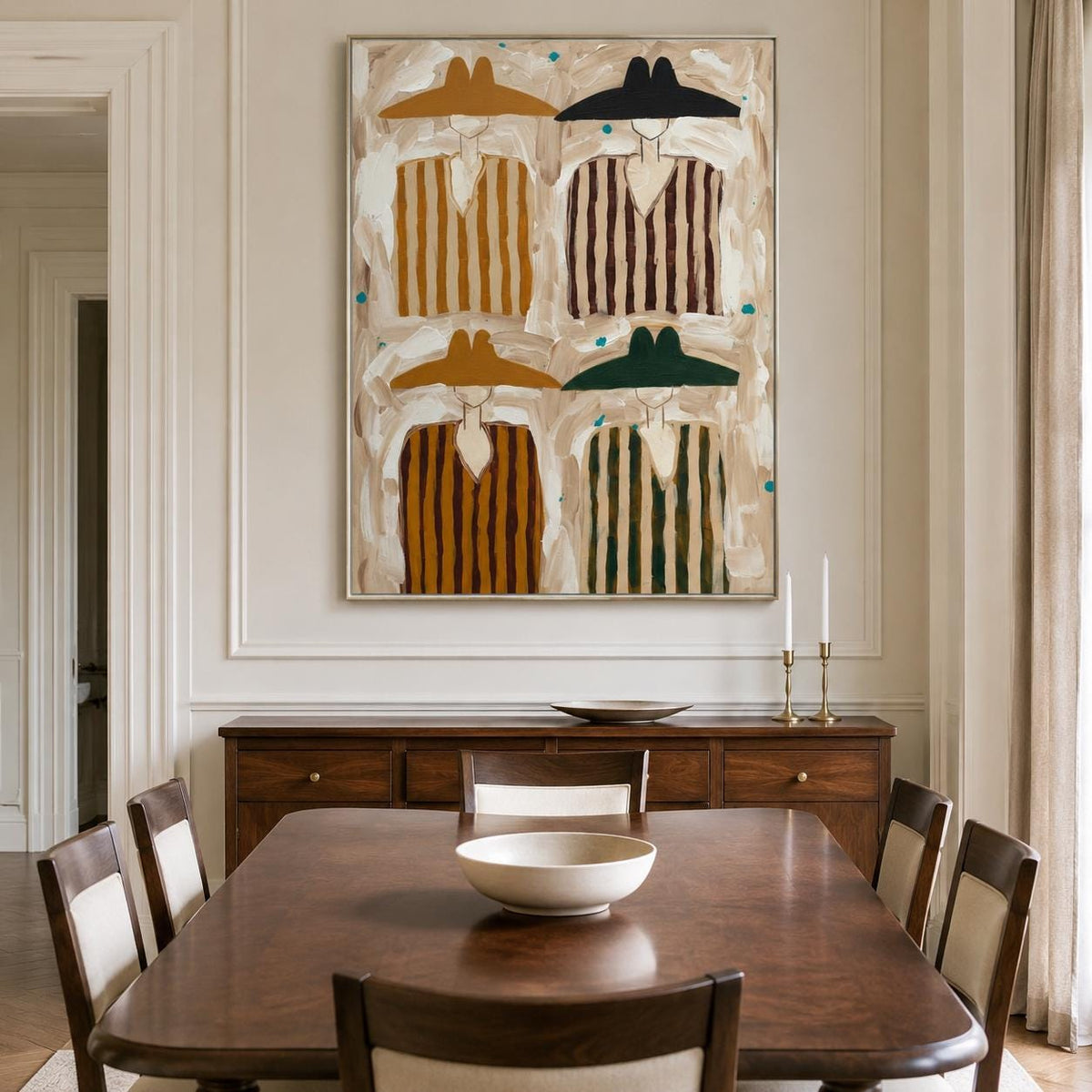 May include: A rectangular wall art piece featuring four stylized figures wearing wide-brimmed hats and striped shirts in shades of brown, black, and green, set against a textured beige background with small blue accents in a silver frame.
