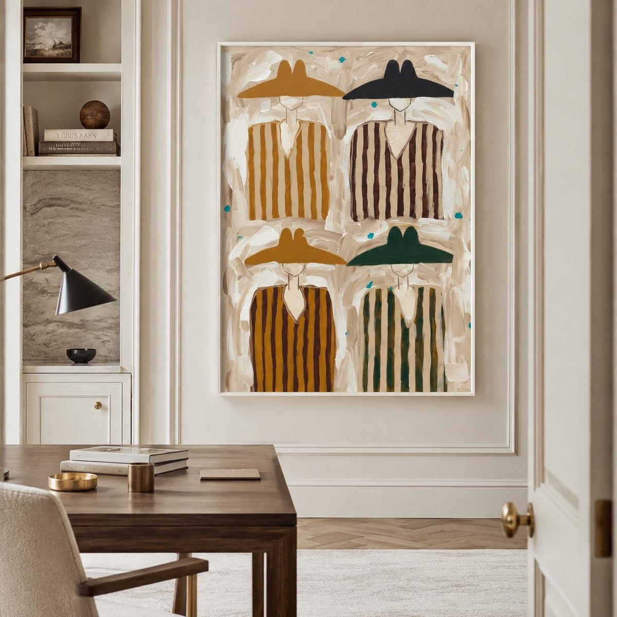 May include: A rectangular wall art print featuring four stylized figures arranged in a grid. Each figure wears a wide-brimmed hat and a vertically striped tunic in shades of mustard yellow, black, dark brown, and forest green on a beige background.