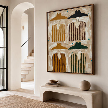 May include: A large rectangular framed painting featuring four stylized figures arranged in a grid. Each figure wears a wide-brimmed hat and a vertically striped shirt in shades of mustard, dark brown, black, and forest green on a beige background.