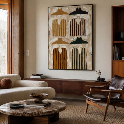 May include: A large rectangular wall art piece featuring four stylized figures wearing wide-brimmed hats and striped tunics in shades of brown, black, and cream. The painting uses a textured, painterly style with visible brushstrokes and small teal accents.