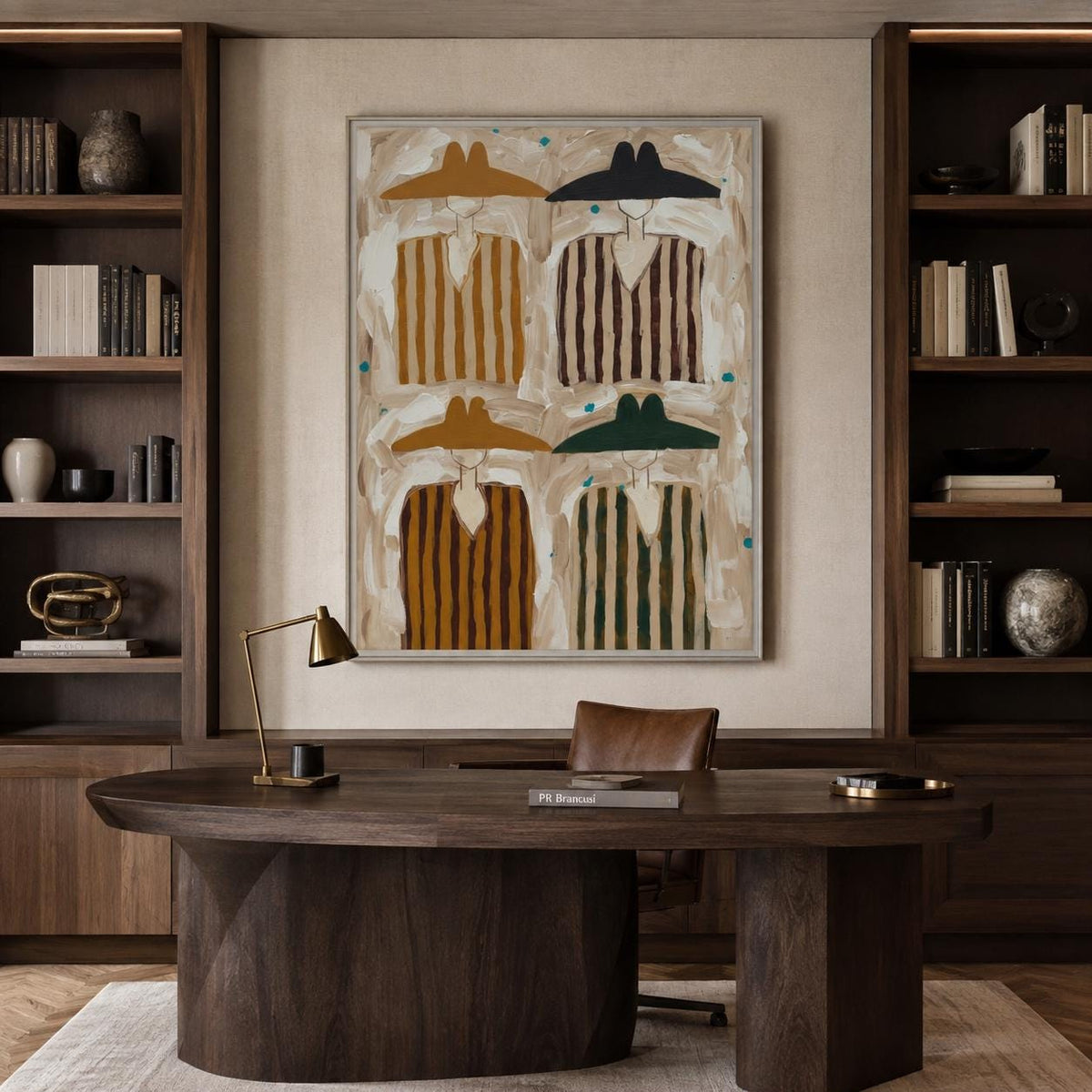 May include: A rectangular wall art piece featuring four stylized figures wearing wide-brimmed hats and striped shirts in shades of brown, black, and green, set against a textured beige background with small teal accents, framed in a thin silver border.