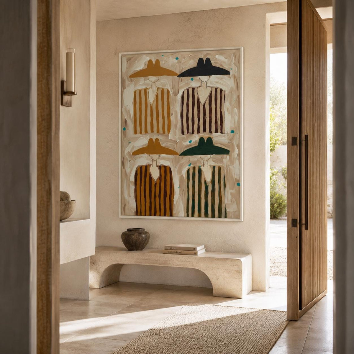 May include: A large rectangular wall art piece featuring four stylized figures wearing wide-brimmed hats and striped tunics in shades of mustard yellow, dark brown, and forest green, set against a textured beige background with small teal accents.