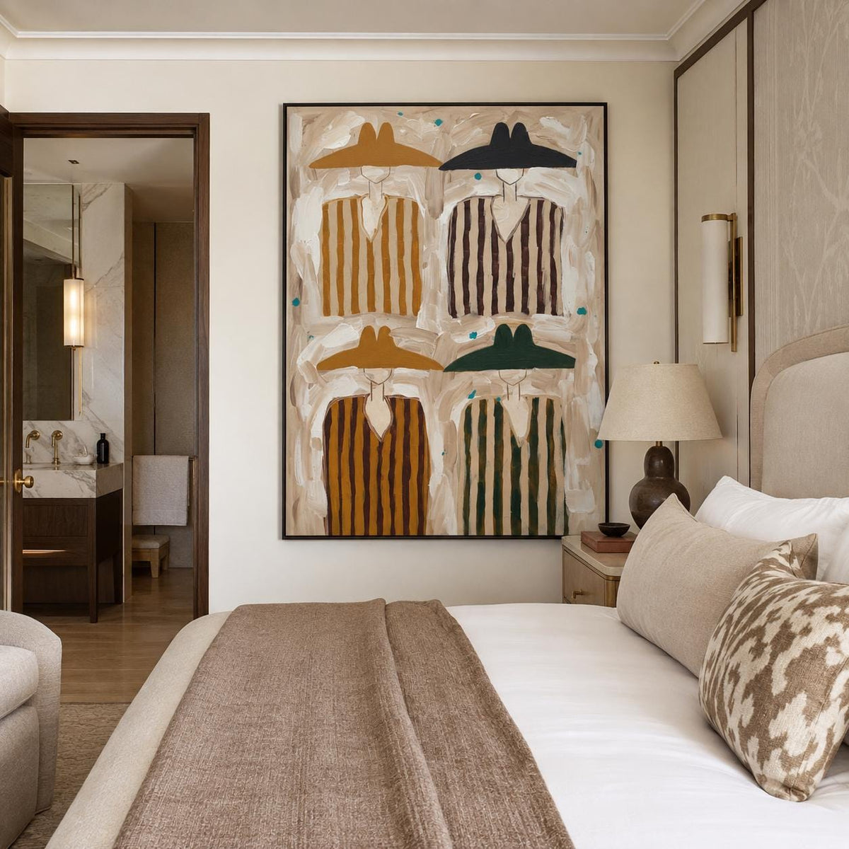 May include: A large rectangular wall art piece featuring four stylized figures wearing wide-brimmed hats and striped shirts in shades of brown, black, and green, set against a textured beige background with small blue accents.