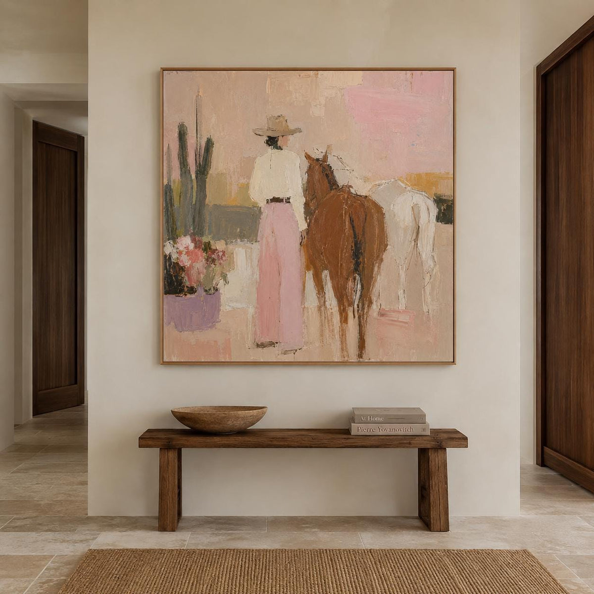 Cowgirl and Horses Wall Art Pink Western Textured Canvas Painting for Living Room Decor
