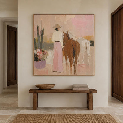Cowgirl and Horses Wall Art Pink Western Textured Canvas Painting for Living Room Decor