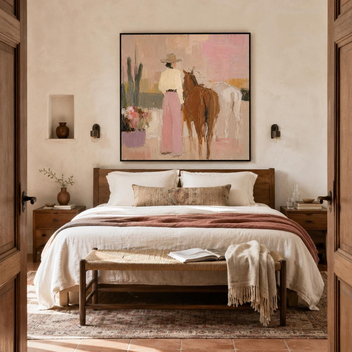 Cowgirl and Horses Wall Art Pink Western Textured Canvas Painting for Living Room Decor
