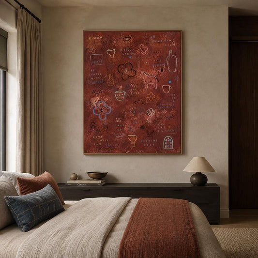 Inspirational Wall Art Rust Red Abstract Canvas Painting for Modern Bedroom Decor