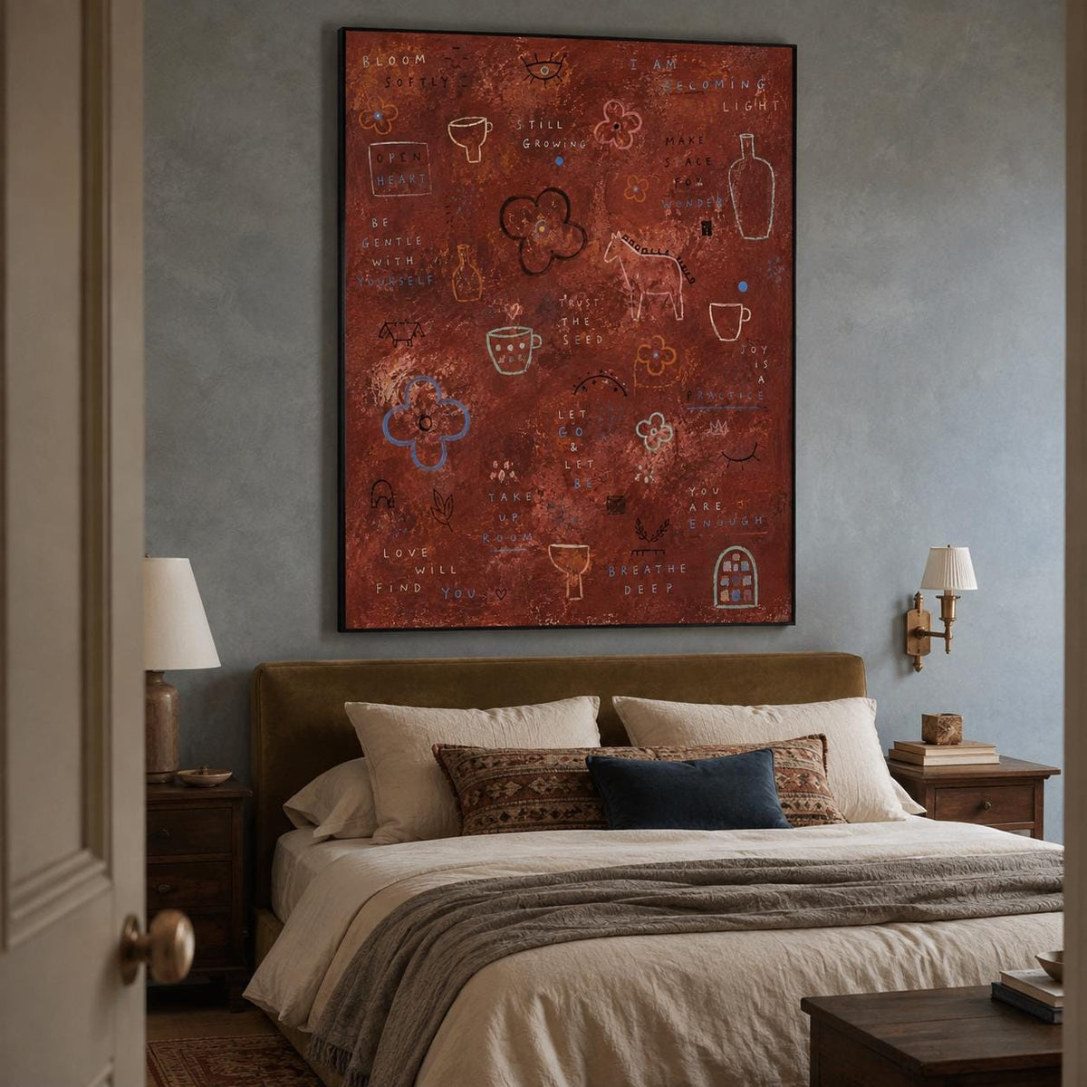 Inspirational Wall Art Rust Red Abstract Canvas Painting for Modern Bedroom Decor