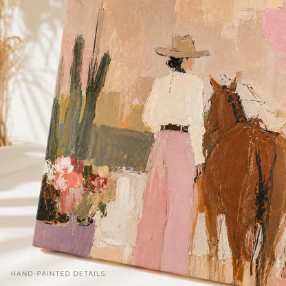 Cowgirl and Horses Wall Art Pink Western Textured Canvas Painting for Living Room Decor