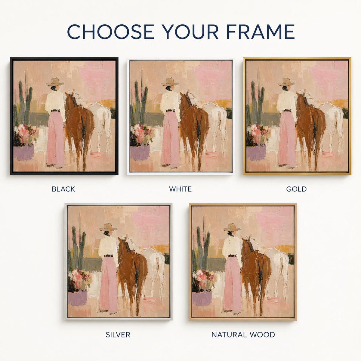 Cowgirl and Horses Wall Art Pink Western Textured Canvas Painting for Living Room Decor