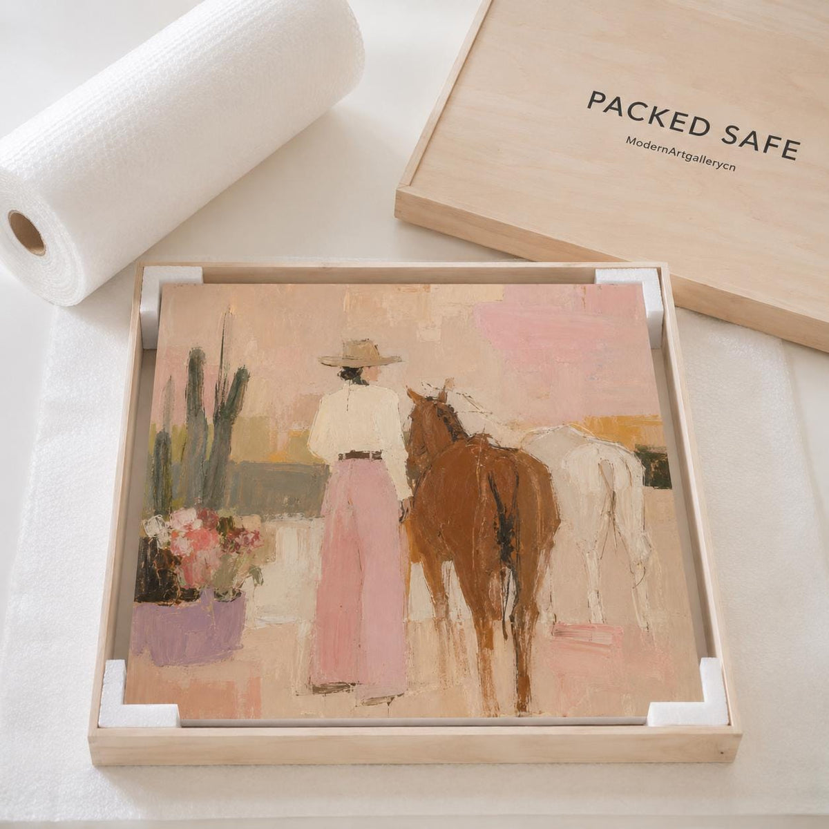 Cowgirl and Horses Wall Art Pink Western Textured Canvas Painting for Living Room Decor