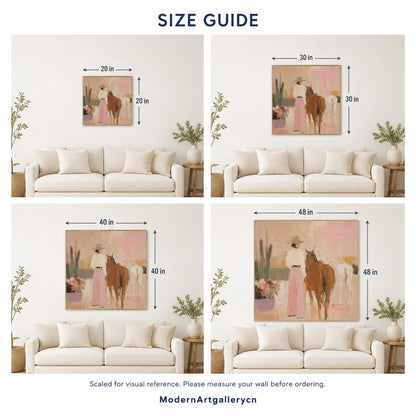 Cowgirl and Horses Wall Art Pink Western Textured Canvas Painting for Living Room Decor