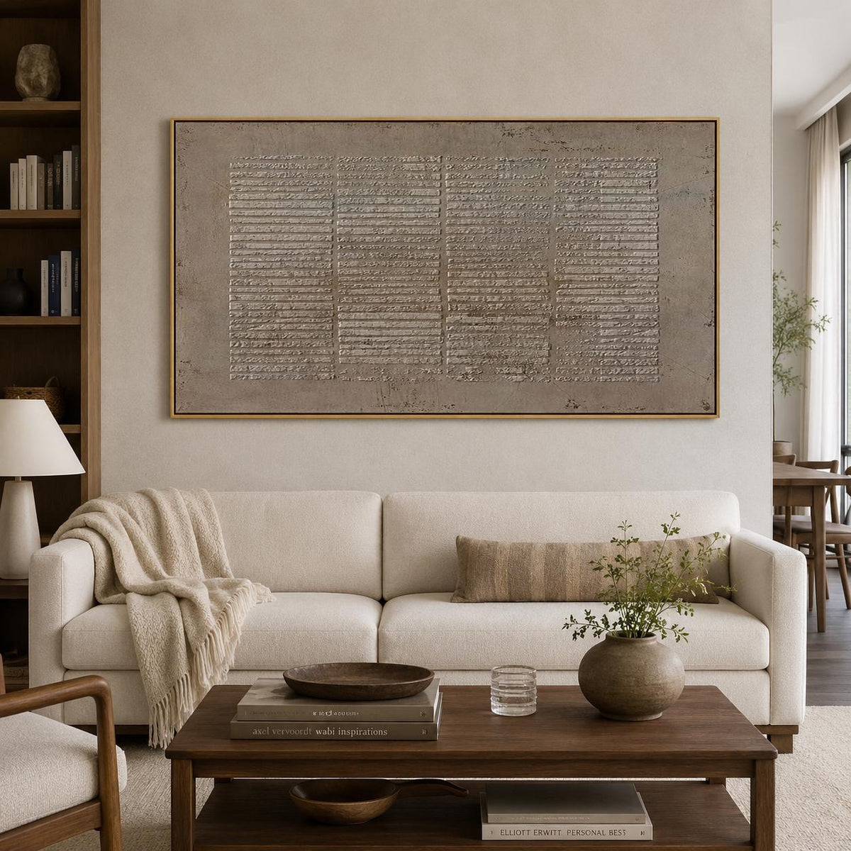 Large Wabi Sabi Wall Art Brown Geometric Textured Canvas Painting for Living Room Decor