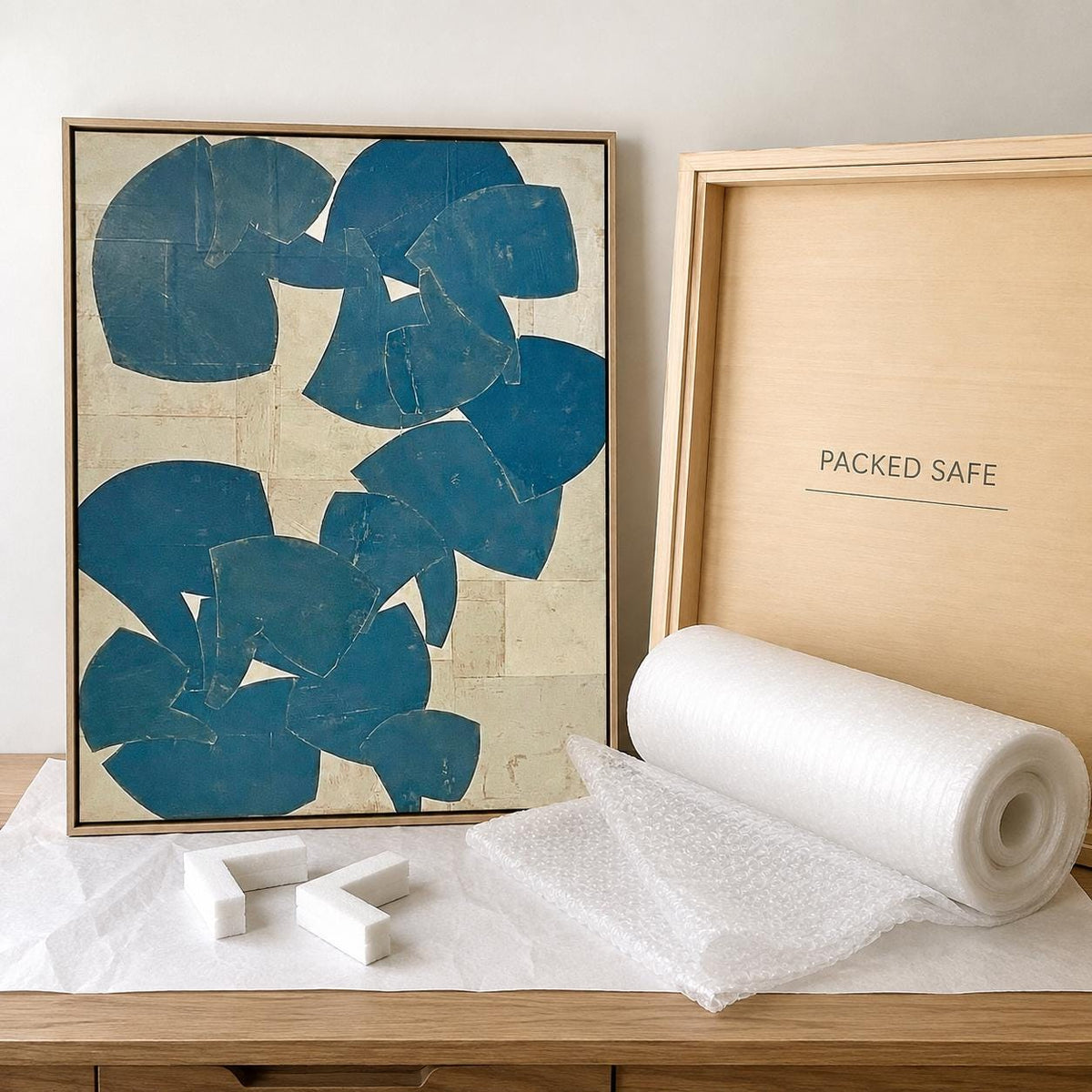 Large Blue Beige Abstract Wall Art Organic Shapes Canvas Painting for Living Room Decor