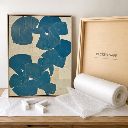 Large Blue Beige Abstract Wall Art Organic Shapes Canvas Painting for Living Room Decor