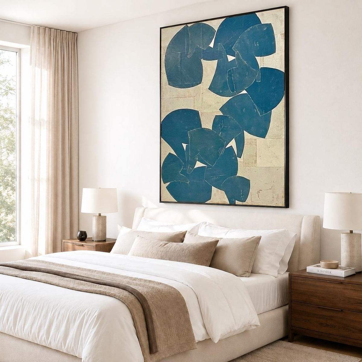 Large Blue Beige Abstract Wall Art Organic Shapes Canvas Painting for Living Room Decor