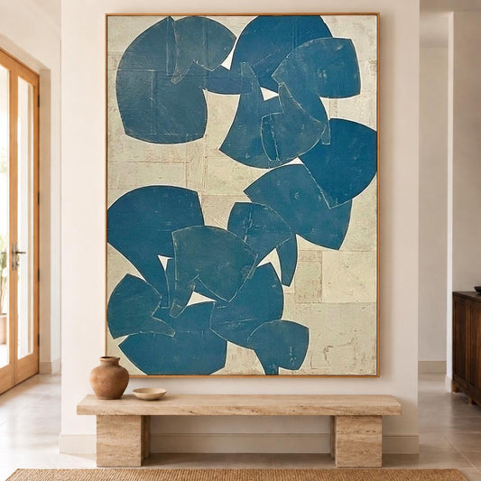Large Blue Beige Abstract Wall Art Organic Shapes Canvas Painting for Living Room Decor