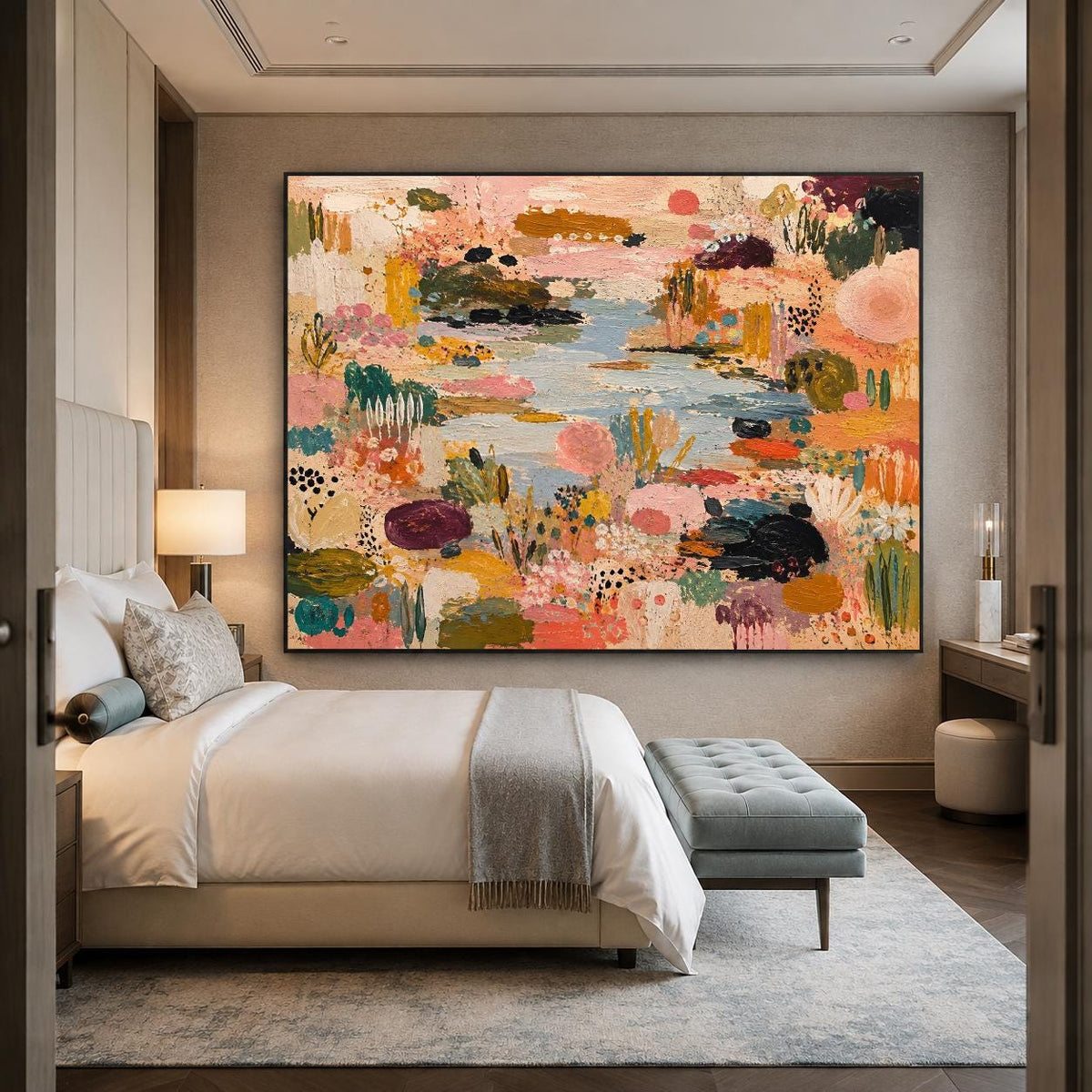May include: A large rectangular wall art piece featuring an abstract landscape painting with a vibrant color palette of pink, orange, blue, green, and dark brown. The composition displays textured brushstrokes depicting floral and water elements.