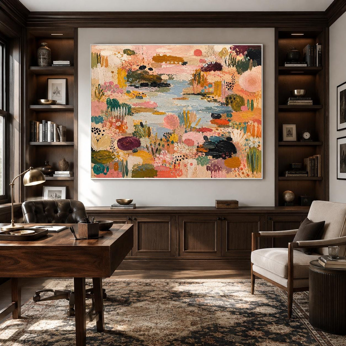May include: A large rectangular wall art piece featuring an abstract landscape painting with a vibrant color palette of pink, orange, yellow, teal, and deep purple. The composition displays textured brushstrokes depicting stylized flora and a central water feature.