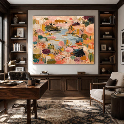 May include: A large rectangular wall art piece featuring an abstract landscape painting with a vibrant color palette of pink, orange, yellow, teal, and deep purple. The composition displays textured brushstrokes depicting stylized flora and a central water feature.