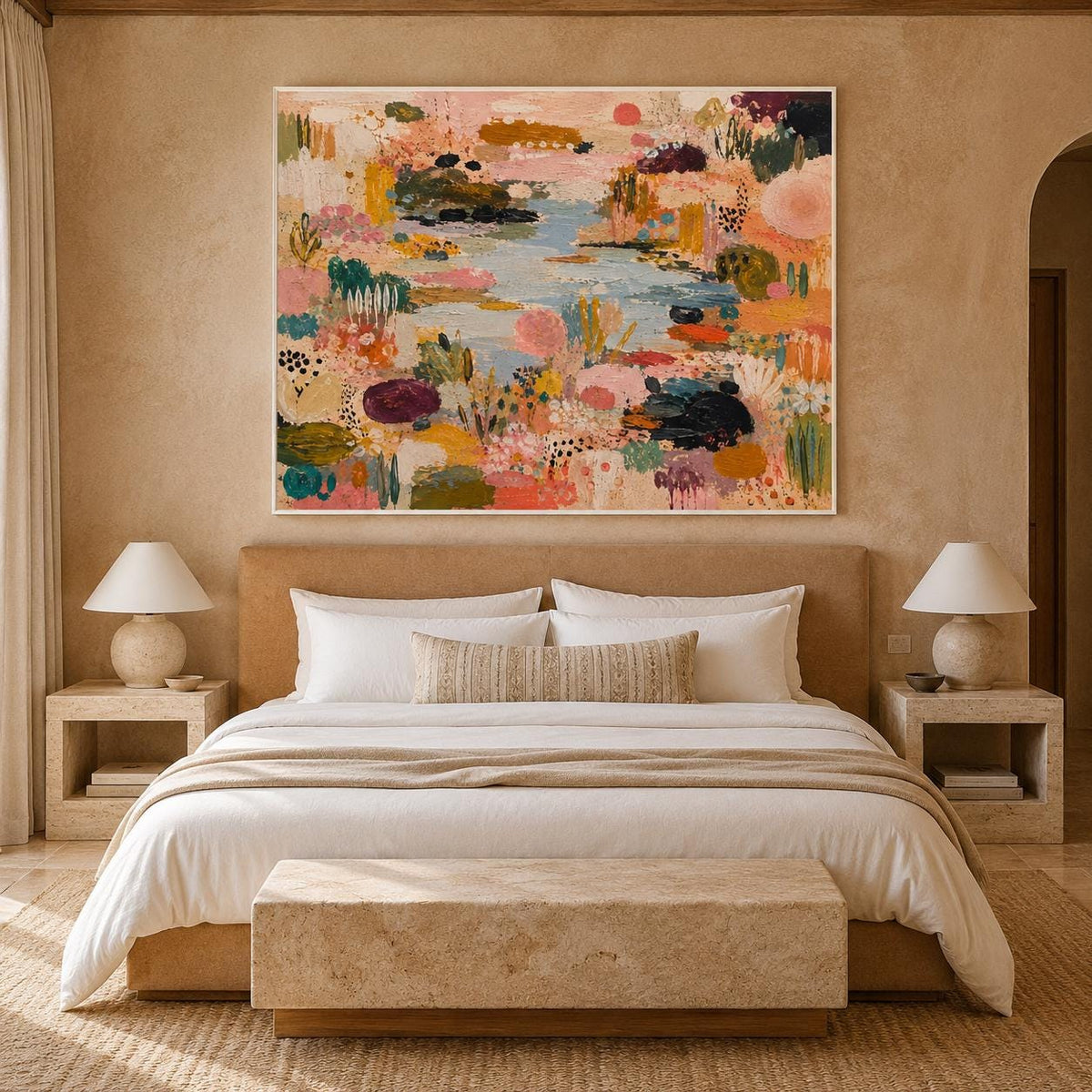 May include: A large rectangular canvas painting featuring an abstract landscape with a central blue water feature surrounded by dense, colorful floral and botanical shapes in shades of pink, orange, yellow, deep red, dark green, and black.