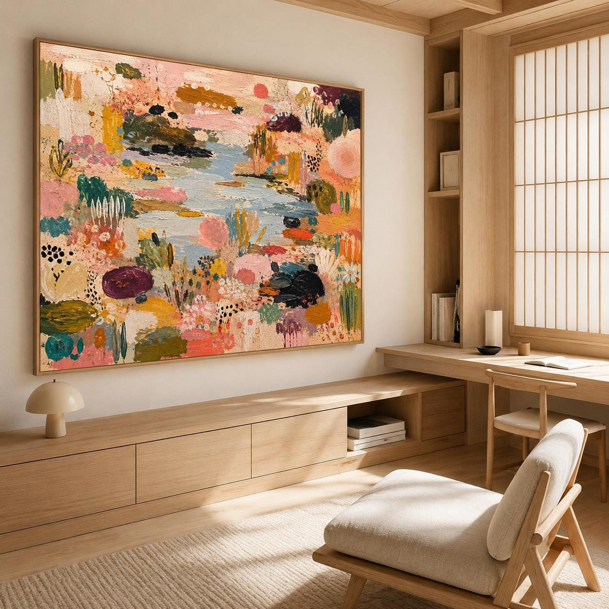 May include: A large rectangular canvas painting featuring an abstract landscape with thick, textured brushstrokes in shades of pink, orange, yellow, deep green, and blue, depicting a central water feature surrounded by dense, colorful floral elements.