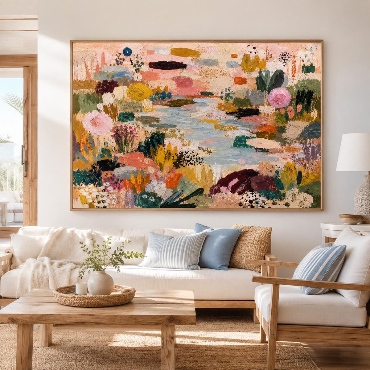 May include: A large rectangular landscape painting featuring an abstract garden scene with a central light blue water feature. The composition uses thick, textured brushstrokes in shades of pink, mustard yellow, deep green, and dark brown.