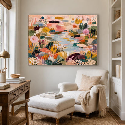 May include: A large rectangular canvas painting featuring an abstract landscape with a central light blue river. The composition includes textured brushstrokes in shades of pink, mustard yellow, deep green, black, and white, depicting floral forms.