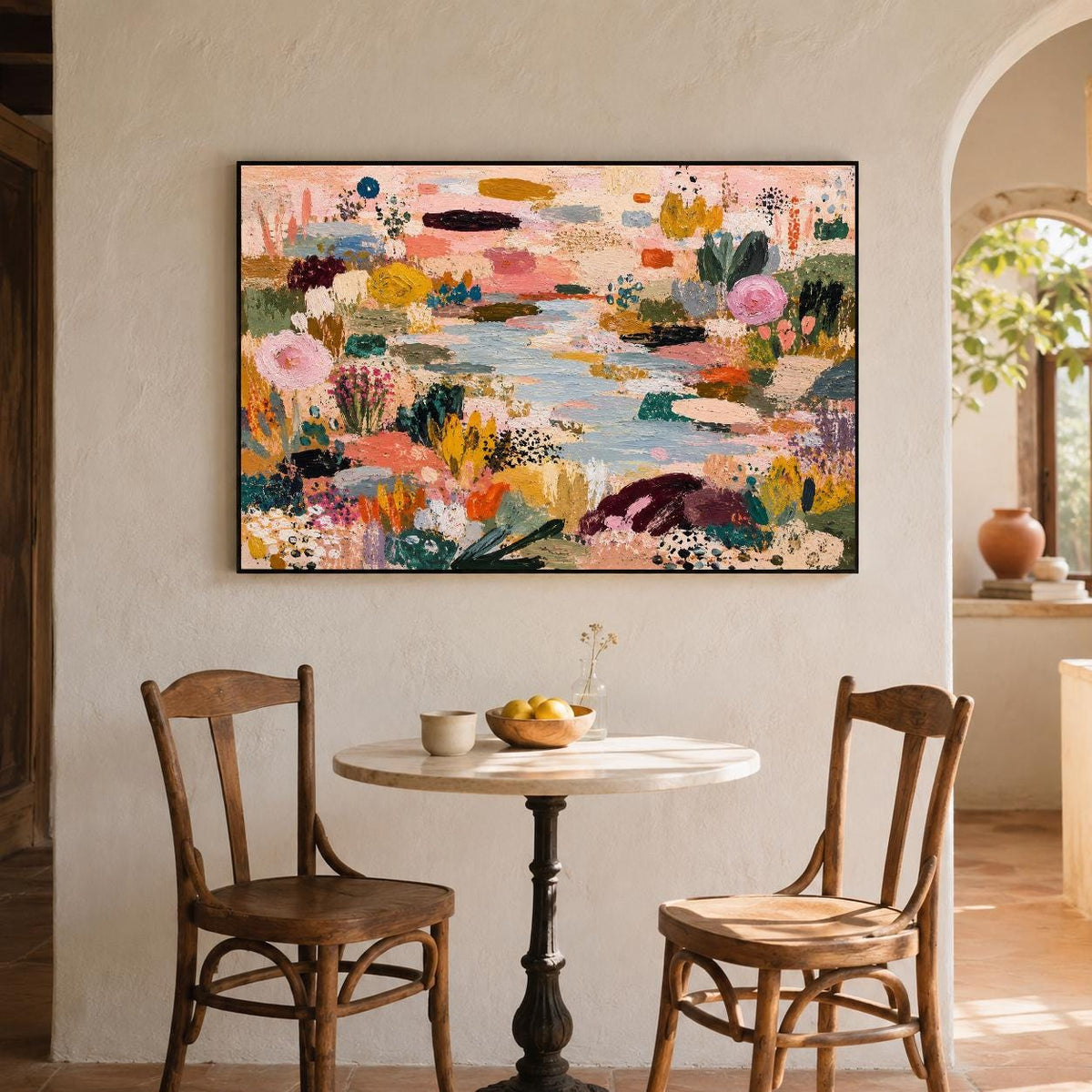May include: A rectangular wall art piece featuring an abstract landscape painting with a central light blue river surrounded by textured brushstrokes in shades of pink, yellow, deep green, dark purple, and white, framed in a thin black border.