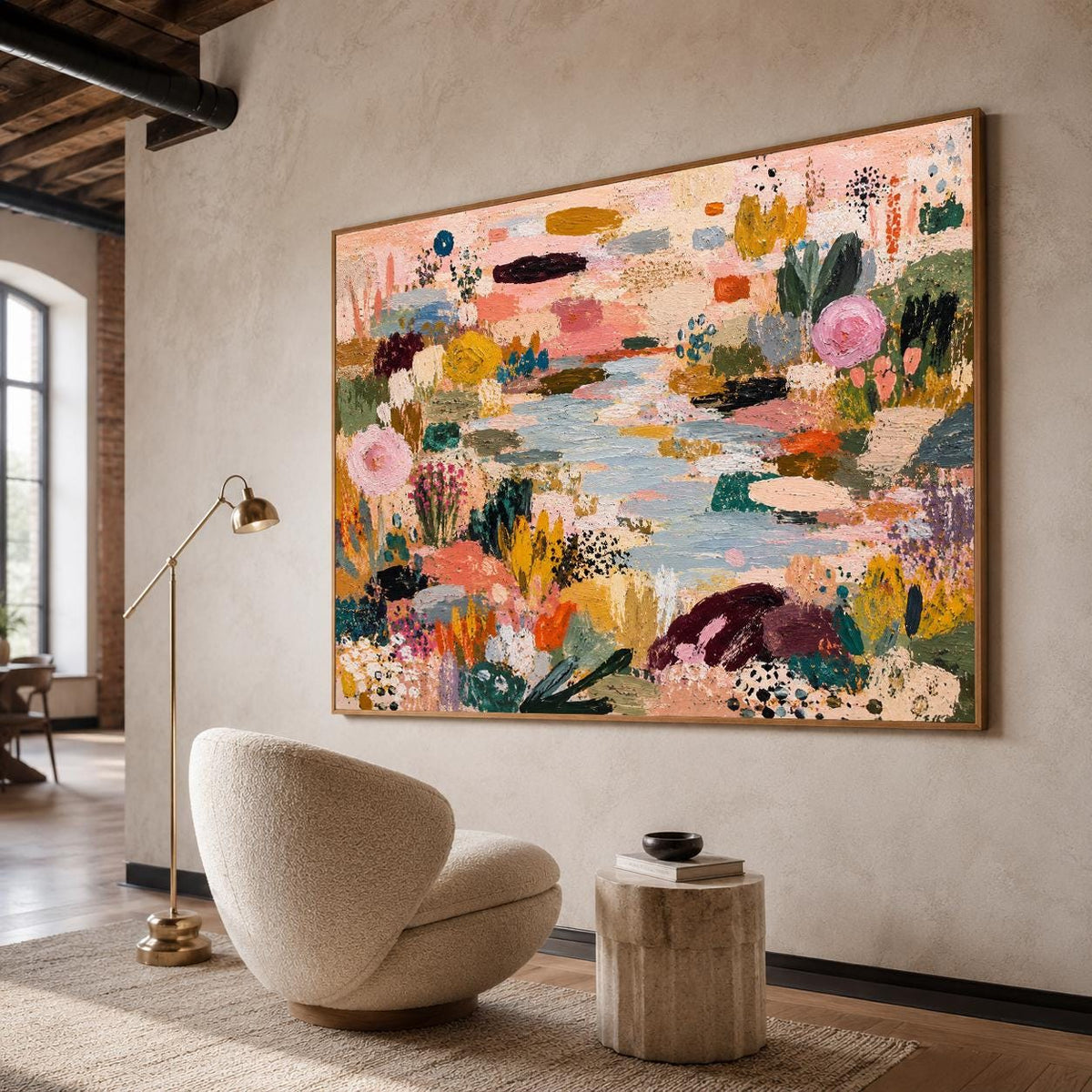 May include: A large rectangular canvas painting featuring an abstract landscape with a central light blue river surrounded by textured patches of pink, yellow, dark green, orange, and deep burgundy paint, framed in a thin light wood border.