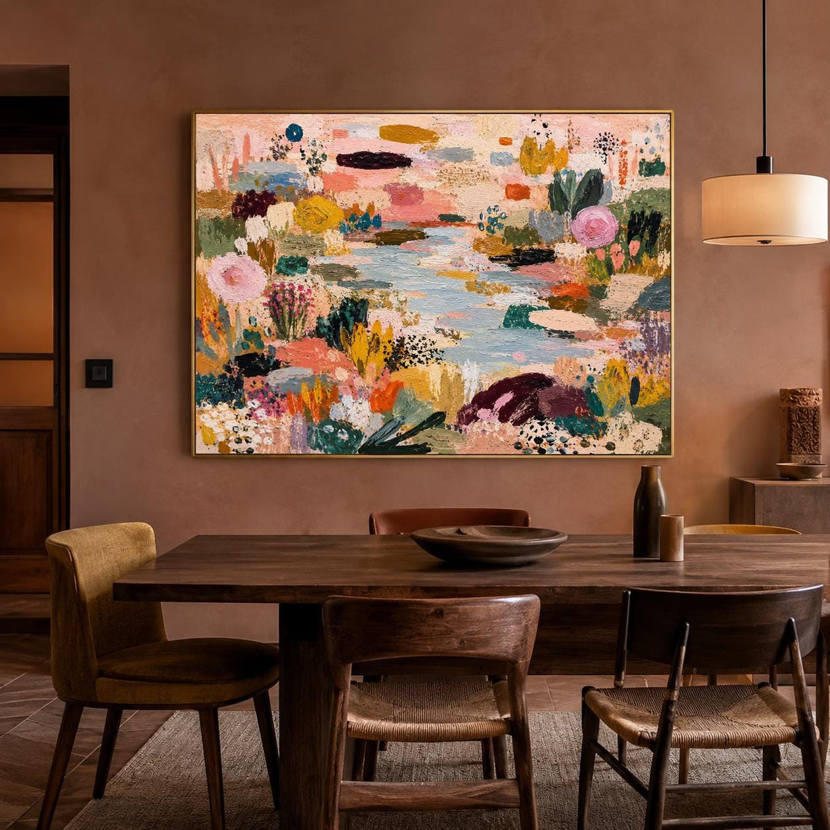 May include: A large rectangular canvas painting featuring an abstract landscape with a central light blue river surrounded by textured floral and foliage shapes in shades of pink, yellow, orange, dark green, and deep purple on a light background.